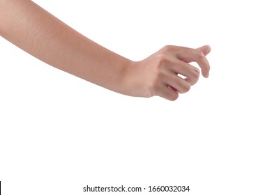 Close-up of woman's hand holding or turning something isolated on white background.