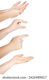 Close-up of woman's hand, isolated on white background. Hand gestures on white bacgkround.