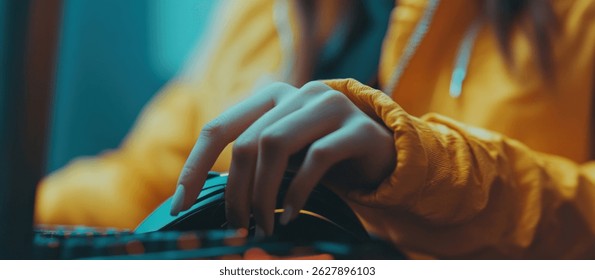 Primer plano de la mano de una mujer en un ratón de computadora, trabajando en un entorno de oficina. Vista de cerca del escritorio y el ratón. Fotografía de Profesional, con balance de blancos adecuado, enfoque nítido,