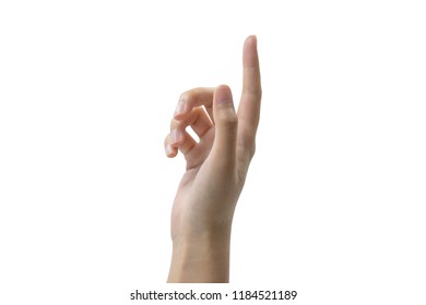 Close-up of woman's hand touching or pointing to something isolated on white background