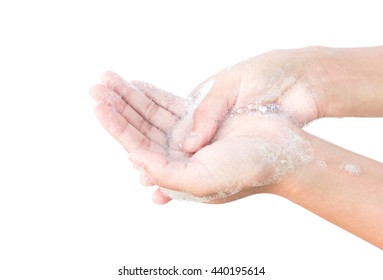 Closeup Woman's Hand Washing, Cleaning Hands On White Background