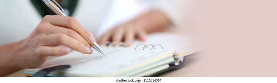 Closeup Of Woman's Hand Writing On Agenda, Template