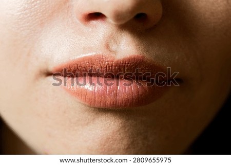Close-up of woman's lower face showcasing beautifully defined lips with warm terracotta and dusty rose lipstick. Lips display subtle ombre gradient with deeper mauve upper lip and lighter coral-pink undertones. Smooth porcelain complexion with dewy luminosity and soft shimmer enhances elegant editorial aesthetic. Ideal for beauty advertising, cosmetic campaigns, and makeup artistry promotions.