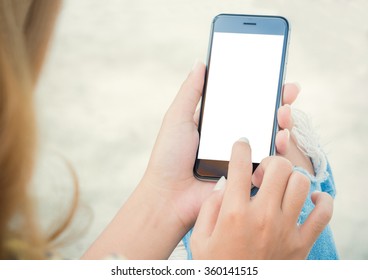 Closeup Women Using Phone From Back View