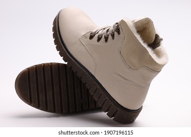 Closeup Of Womens Leather Shoes On White Background. Shoe Repair Concept