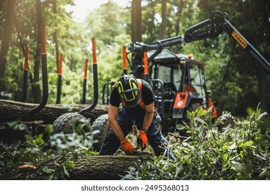 Close-up of woodcutter sawing chain saw in motion, sawdust fly to sides. Chainsaw in motion. Hard wood working in forest. Sawdust fly around. Firewood processing. Forest industry. - Powered by Shutterstock