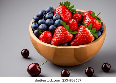 Close-up of a wooden bowl filled with strawberries, blueberries, and cherries on a grey background - Powered by Shutterstock