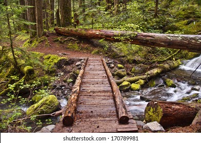 Closeup of wooden foot bridge on hiking trail in mountain over flowing river with mossy rocks./Closeup of Wooden Foot Bridge on hiking trail in mountain                              
