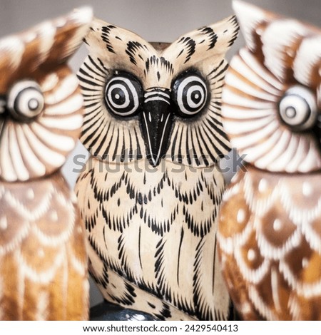 Close-up of wooden owls head sculptures, intricately carved with visible wood grain.