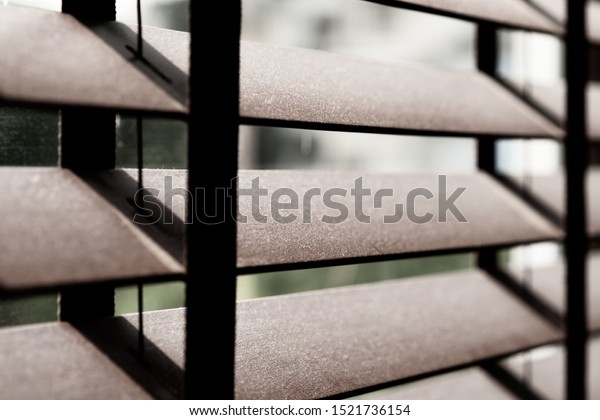 Closeup Wooden Window Venetian Blinds Bedroom Stock Photo