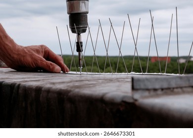 Close-up of a worker using a cordless power drill to install stainless steel bird deterrent spikes on a rooftop edge, with protective anti-pigeon barrier system in focus