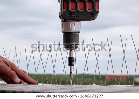 Close-up of a worker using a cordless power drill to install stainless steel bird deterrent spikes on a rooftop edge, with protective anti-pigeon barrier system in focus
