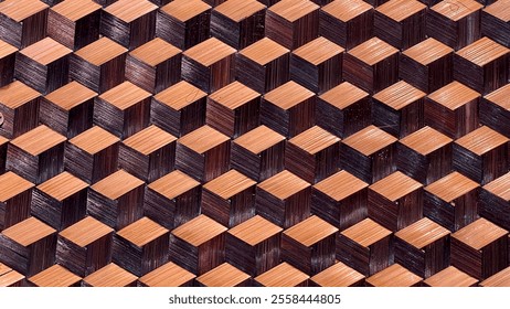 A close-up of a woven pattern featuring geometric cube-like designs in alternating brown and black shades, creating a 3D illusion. - Powered by Shutterstock - Get 15% off with code: PIKWIZARD15