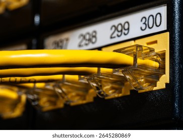 Close-up of yellow Ethernet cables plugged into a numbered patch panel. Modern IT infrastructure and data center connectivity concept with clear focus on network hardware.