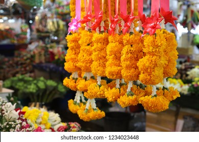 Closeup Yellow Marigold Flower Garlands Hanging Stock Photo 1234023448 ...