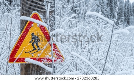 A close-up of a yellow triangular warning sign with a skier. A warning sign indicates that there is a ski slope here on a snowy winter trail.