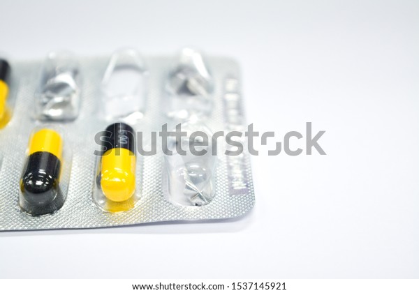 Closeup Yellowblack Antibiotics Capsule Pills Blister Stock Image