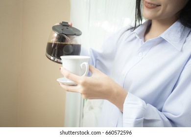 Closeup Young Asian Woman Hold Coffee Cup Prepare For Drink With Attractive Smiling, 20s Year Old.