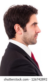 Closeup Of A Young Business Man From Profile, Isolated On White Background