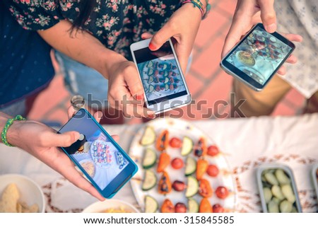 Image, Stock Photo Young hands taking photos with smartphones to vegetable skewers