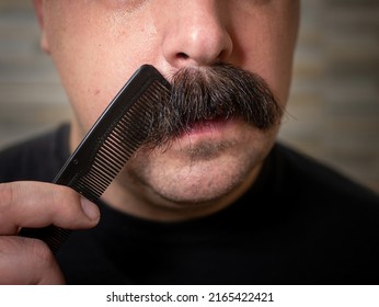 Closeup of a young man brushing his thick black bushy mustache 