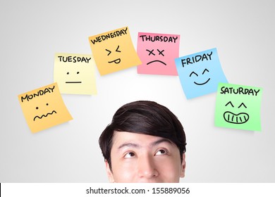 closeup of young man looking up with color stickers displaying day of week and face expression on each separate color, asian man - Powered by Shutterstock