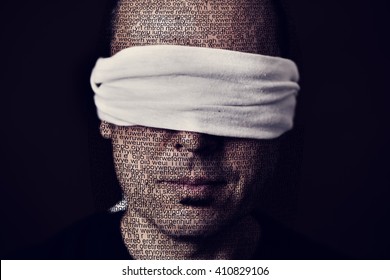 closeup of a young man patterned with no-sense words with a blindfold in his eyes, depicting the idea of lack of press freedom