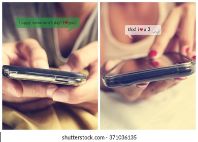 closeup of a young man and a young woman face down in bed sending text messages each other with their smartphones with the text Happy valentines day, I love you, him, and thanks, I love you too, her