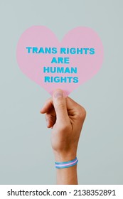 Closeup Of A Young Person, Wearing A Wristband Patterned With The Transgender Pride Flag, Holding A Pink Heart With The Text Transgender Rights Are Human Rights Cutout In It, On A Pale Blue Background