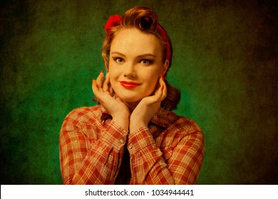 Closeup Young Pretty Pinup Girl Red Button Shirt  Looking At You Camera  Teal Color Background Retro Vintage 50's Style. Human Emotions Body Language
