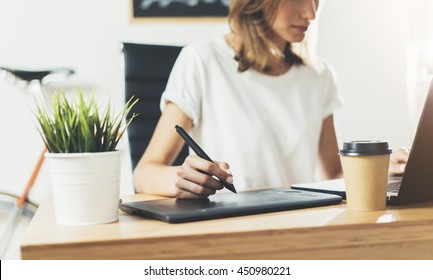 Close-up Of Young Professional Female Graphic Designer Using Digital Tablet And Stylus, Hipster Freelancer Girl Working From Home Via Graphic Tablet, Woman?'s Hand Drawing On Graphic Digital Tablet