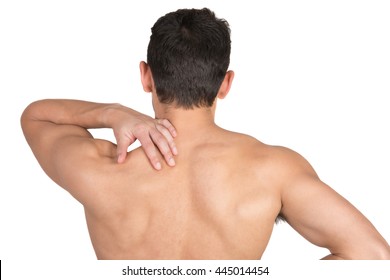 Closeup Of Young Shirtless Man With Shoulder Pain Isolated In White Background