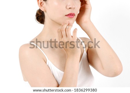 closeup young woman smiling face with clean skin