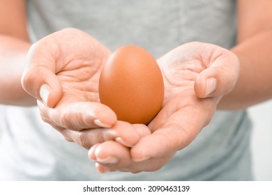 Close-up of a Young Woman wearing a gray T-shirt at her home holding a brown chicken egg with her hand in the morning. Shoot over white background. Natural healthy food and organic farming concept.