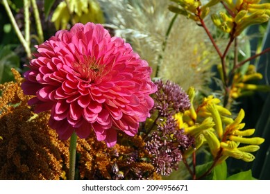 A Closeup Of A Zinnia Flower In A Beautiful Bouquet Of Assorted Flowers At An Outdoor Wedding On The North Fork Of Long Island, NY