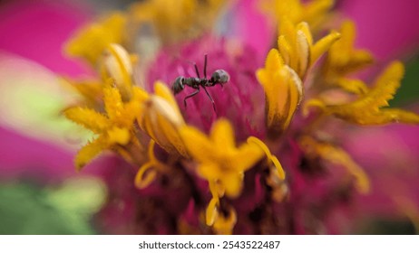 A close-up of a zinnia flower, highlighting its vibrant pink and yellow petals. The central core features a striking combination of colors with an ant visible on the flower.  - Powered by Shutterstock