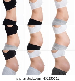 Closeups of Woman Belly With Different Stages Of Pregnancy Over White Background