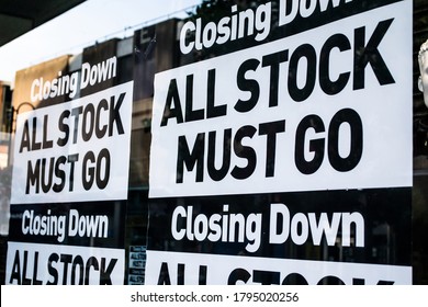 CLOSING DOWN ALL STOCK MUST GO Signs In A Shop Window: UK Officially In Recession For First Time In 11 Years