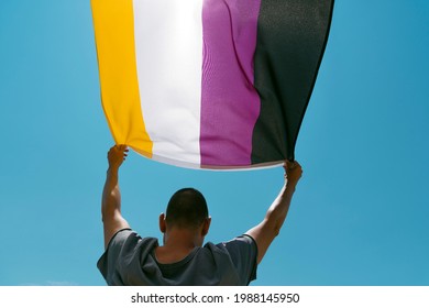 closoeup of a young caucasian person, seen from behind and below, waving a non-binary pride flag on the sky
