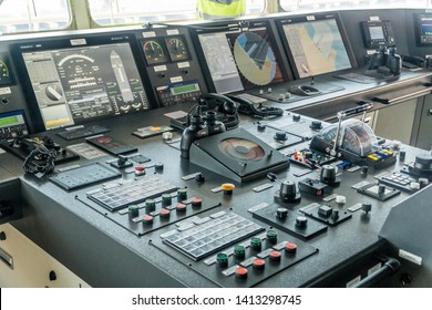 Closuep Shot Of The Cockpit Of A Container Ship From Which The Captain Controls The Ship And All Operations Carried Out On The Ship. Gdańsk, Pomerania / Poland - May 15 2019