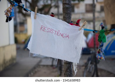 Cloth with the word "Resistencia" (Resistance) hanging on the clothesline during occupation of students protesters in Fortaleza, Ceara, Brazil