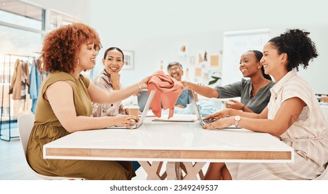 Clothes fabric, fashion design meeting or women planning in group discussion for clothing line textures. Teamwork, collaboration or happy designers speaking of ideas together for project in office - Powered by Shutterstock