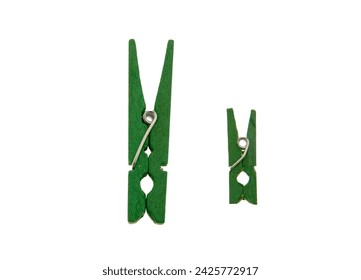 Clothes pegs isolated on white transparent, two sizes green color clothepins,