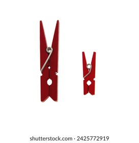 Clothes pegs isolated on white transparent, two sizes red color clothepins, 