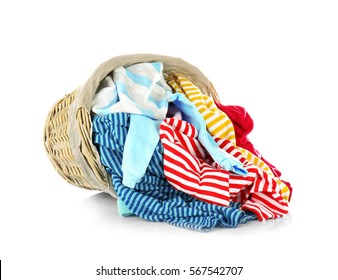 Clothes In Wicker Basket On White Background