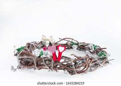 Clothespins Hearts. Woven Wreath. On White Background