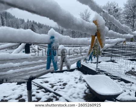 clothespins on a clothes hang in winter covered with snow 