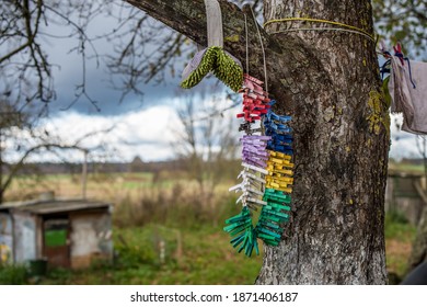 Clothespins Outside In The Garden Close Up. Hanging On An Empty Clothes Line Outside In Nature.