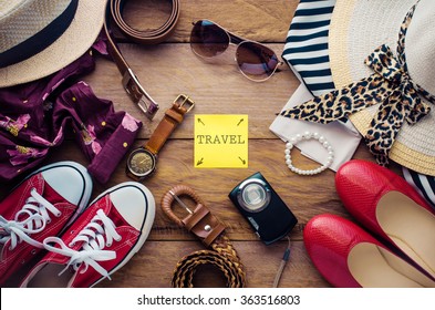 Clothing And Accessories For Men And Women Ready For Travel.