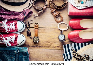 Clothing And Accessories For Men And Women Ready For Travel.